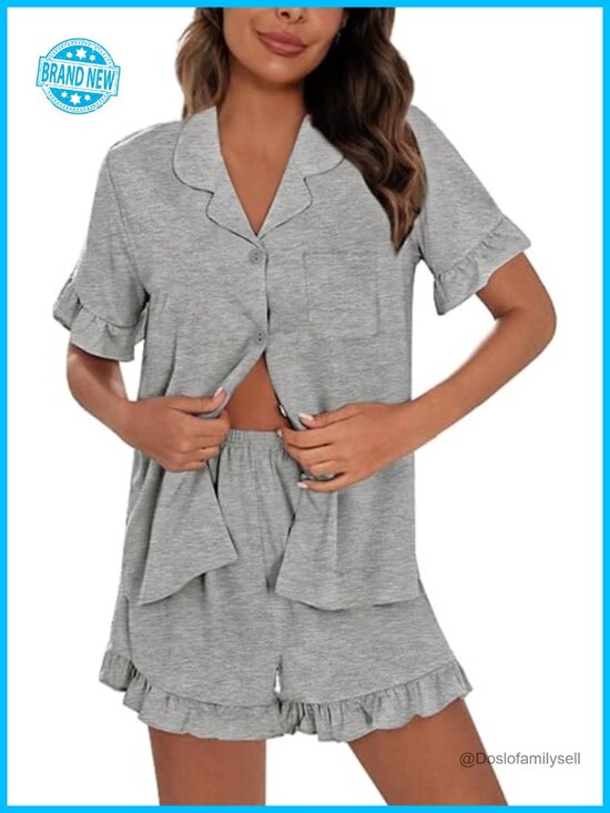 Other - Soft Modal Pajama Set Short Sleeve Button Down Ruffle Hem Sleepwear 2 Piece